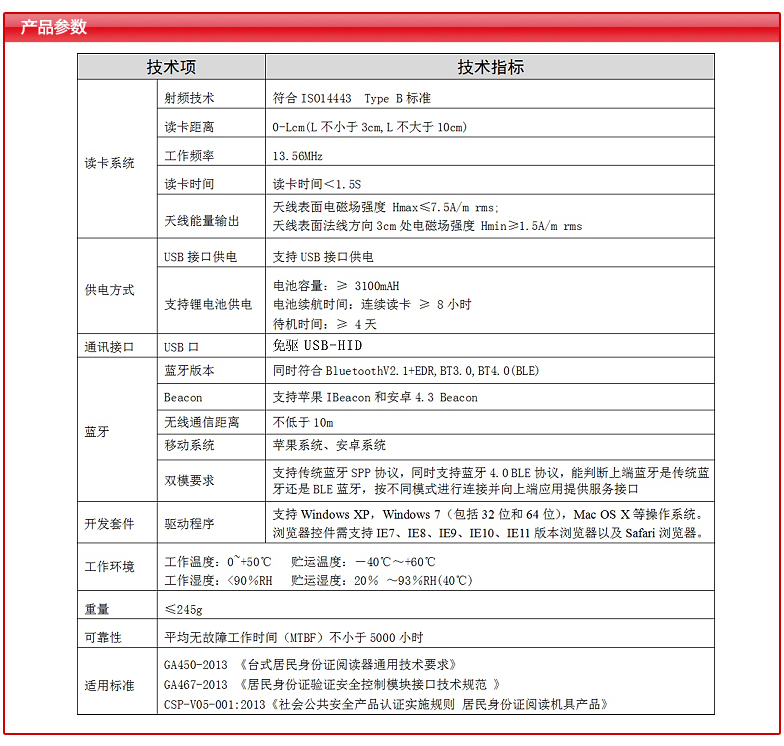 因纳伟盛蓝牙型身份证阅读器产品参数